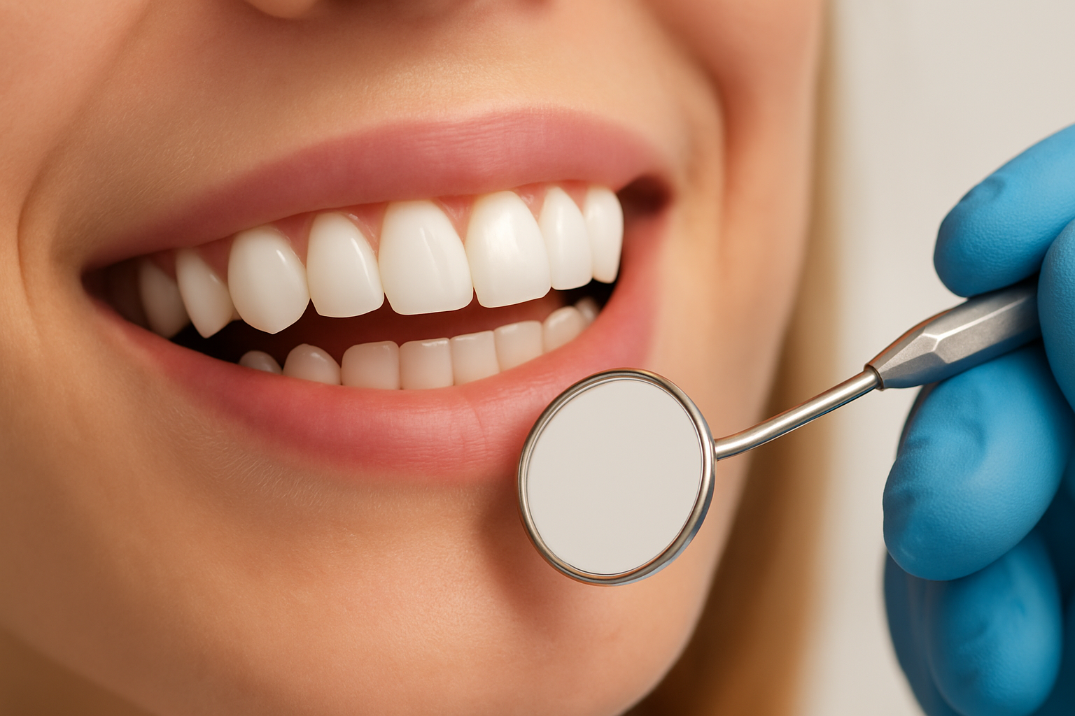 Zoomed-in image of a patient smiling with a dental mirror