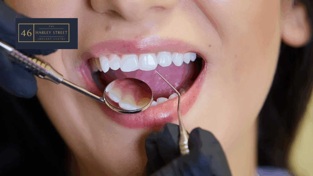 Zoomed in image of patient's mouth with a mirror and dental probe held in front by dentist